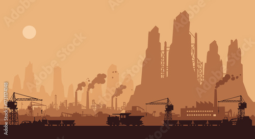 Industrial landscape with cranes and smokestacks under a hazy sky.