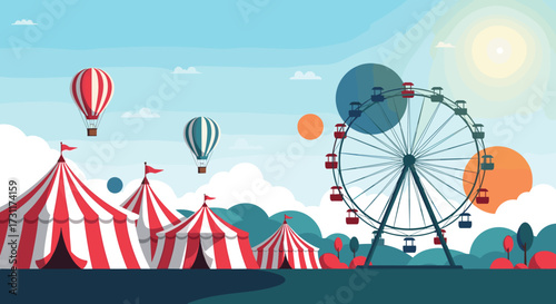 Carnival Fairground with Ferris Wheel and Hot Air Balloons.