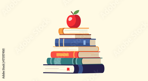Stack of Books with Red Apple on Top.