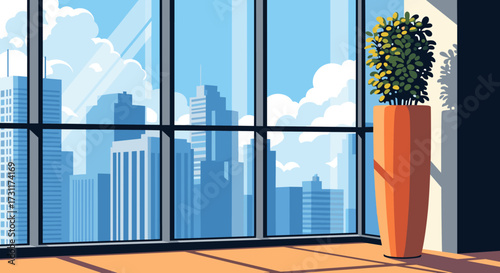 Modern Office Interior with City View and Potted Plant.