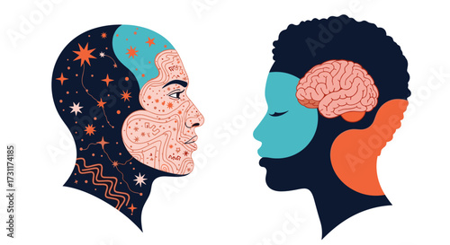 Two heads facing each other with different patterns inside.