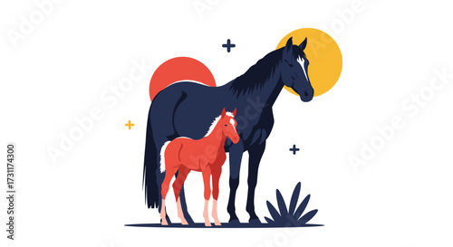 A majestic black horse stands beside a smaller red horse with a minimalist sunset background.