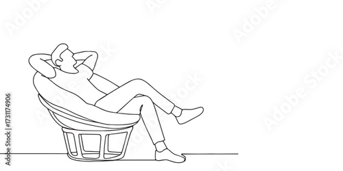 Minimalist one-line drawing of a man sitting comfortably on a cushioned chair with hands behind head, relaxing and enjoying leisure time, relaxation, mindfulness, home comfort, and wellbeing themes.
