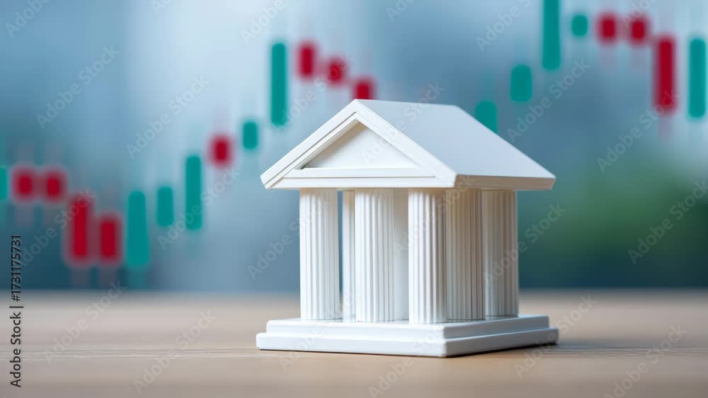 The monetary policy of the central bank through the setting of interest rates. A bank model on the table with a stock market background.