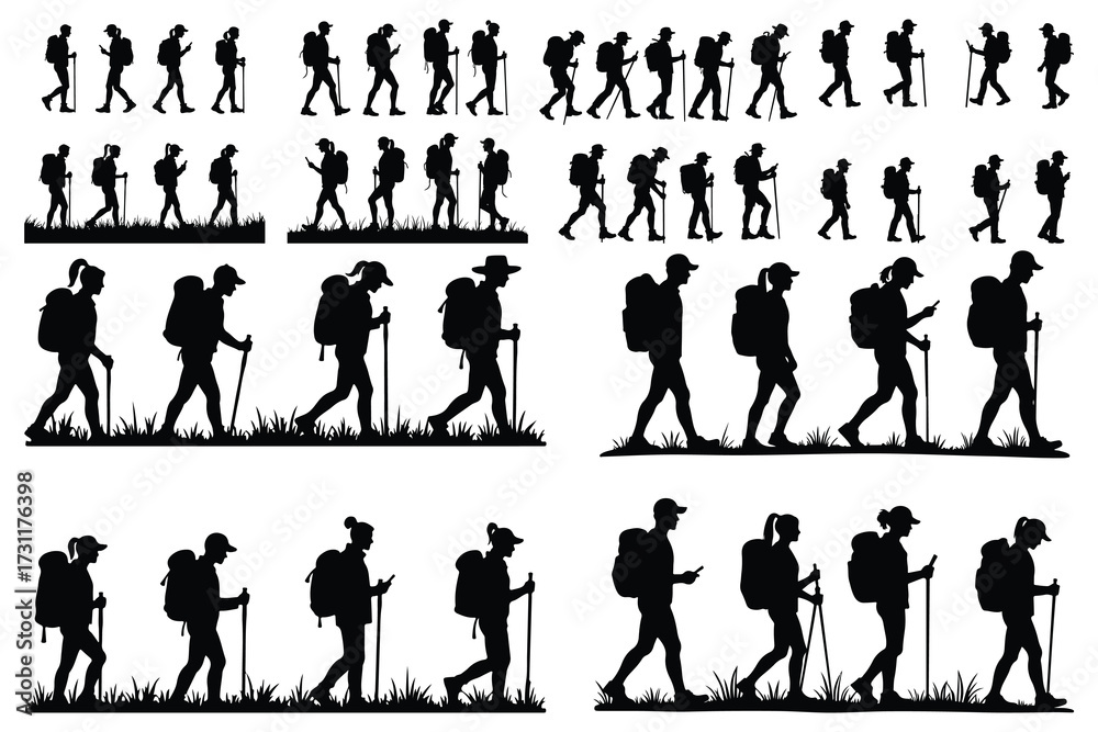 Fototapeta premium Silhouette hikers with backpacks and walking sticks on white background