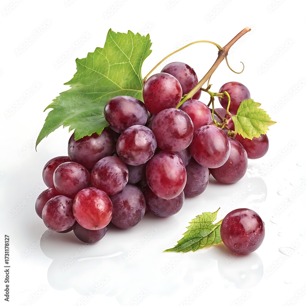 Fototapeta premium Closeup of a bunch of fresh red grapes with green leaves isolated on white background, showcasing the vibrant color and natural beauty of this delicious fruit