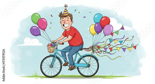 Illustration of a happy person riding a bicycle with balloons and streamers celebrating