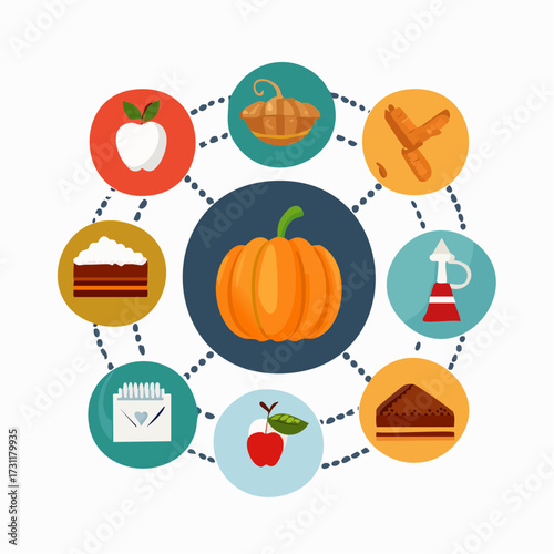 Autumn harvest celebration with pumpkin, apples, cake, and spices, symbolizing seasonal bounty and festive gatherings
