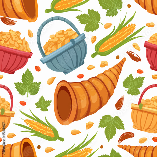 Seamless Harvest Pattern with Cornucopia, Corn, and Baskets, Ideal for Autumn or Thanksgiving