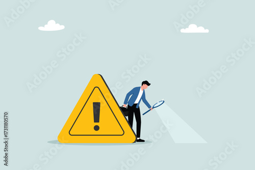 Root cause analysis for problem solving, identifying risks or critical failure concepts. Entrepreneurs with magnifying glasses investigate incidents with exclamation marks.