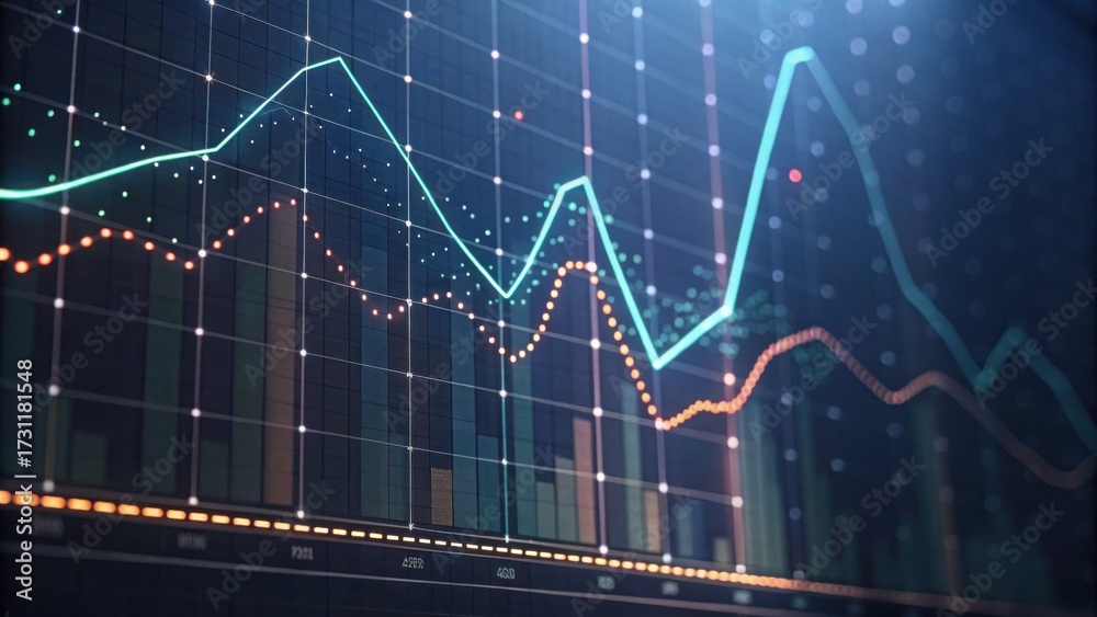 Naklejka premium A close-up view of a digital financial chart displaying various trend lines and data points in vibrant colors against a dark background.