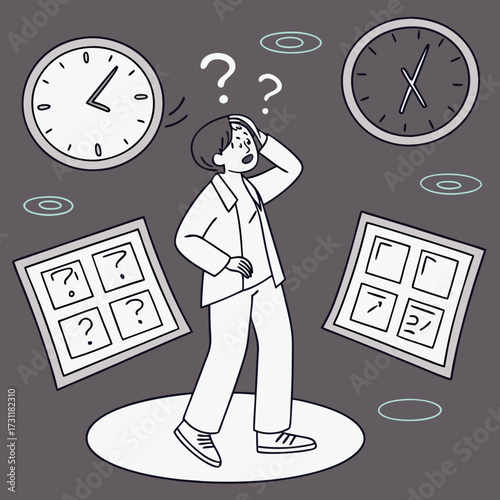 Confused person with question marks and clocks surrounded by planning boards and ripples of thought