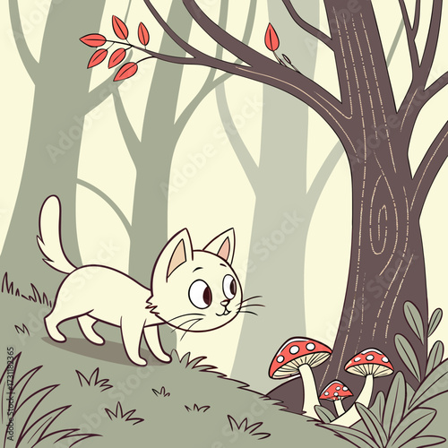 Cute cartoon white kitten exploring a magical forest with red mushrooms and autumn leaves