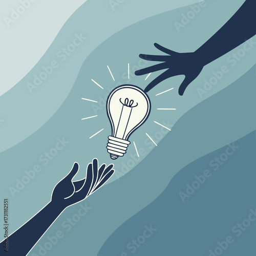 Two hands reaching for a glowing light bulb symbolizing shared ideas and innovation