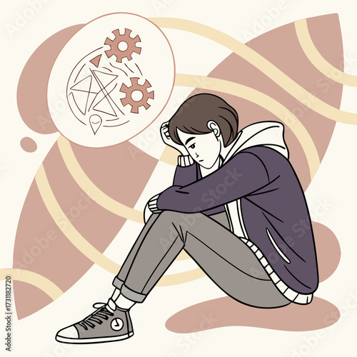 Young person sitting alone with gears and abstract shapes in thought bubble representing confusion