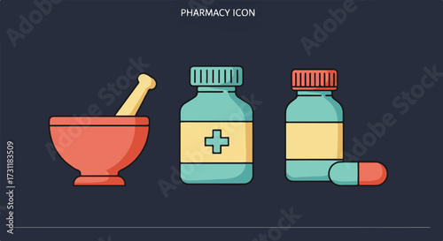 Clean flat vector illustration of pharmacy essentials, clearly featuring a traditional mortar and pestle, a modern medicine bottle, and a single pharmaceutical capsule, isolated for medical use.