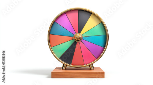 A colorful spinning wheel with multiple vibrant segments on a wooden base, commonly used for games, prizes, or decision-making activities