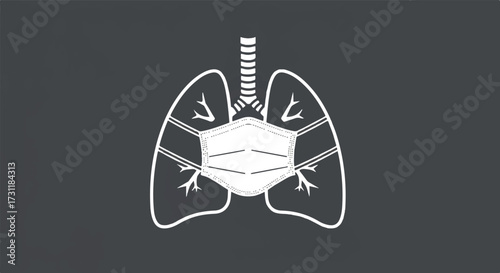 Minimalist flat line art illustration showing human lungs in an x-ray chest style with an isolated respiratory mask, symbolizing health, breath, and medical protection.