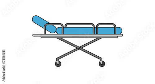 A flat icon vector illustration depicting a hospital stretcher outline with emergency bed wheels, a medical gurney isolated on a clean background, ready for patient transport.