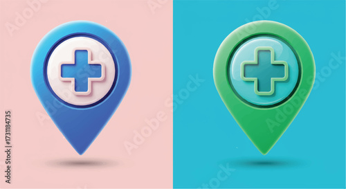 A modern vector illustration of a hospital map pin icon with a red cross, clearly indicating a medical facility or emergency healthcare service location for navigation, isolated on a white background.