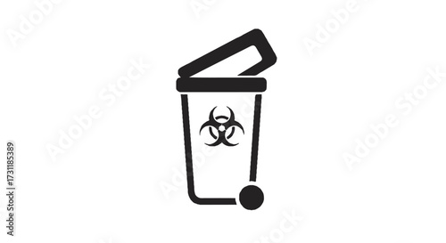 A vivid flat vector icon displays a secure yellow syringe disposal bin, prominently featuring a bold biohazard symbol for safe medical waste and responsible sharps management.