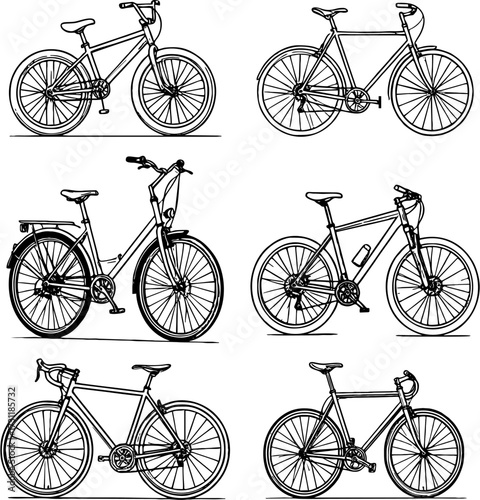 Bicycle line art vector illustration of different types of bikes including mountain bike road bike city bike and vintage cycle for sport lifestyle eco transport and outdoor activity concept