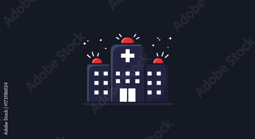A vibrant vector illustration depicts a hospital building at night, illuminated by a glowing emergency cross, symbolizing urgent care and medical services in a clear, isolated graphic.