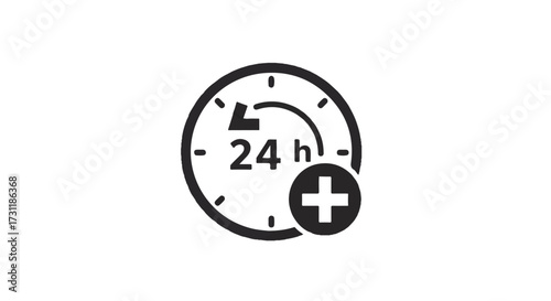 A modern 2D flat vector illustration of a 24-hour clock, medical cross, and telephone icon, symbolizing continuous emergency hotline services and readily available help and support.