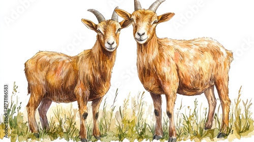 Two Adorable Brown Goats in Watercolor