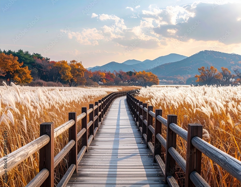 Obraz premium 억새밭과 가을 단풍을 품은 나무 산책로 Wooden Pathway Through Silver Grass Field with Autumn Foliage