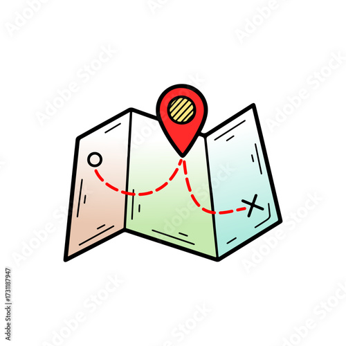 Colorful folded map illustration with route path and destination location pin icon