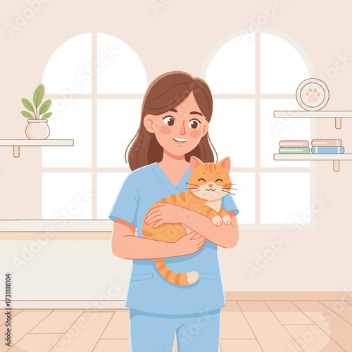 Young woman veterinarian holding orange cat in modern clinic  
