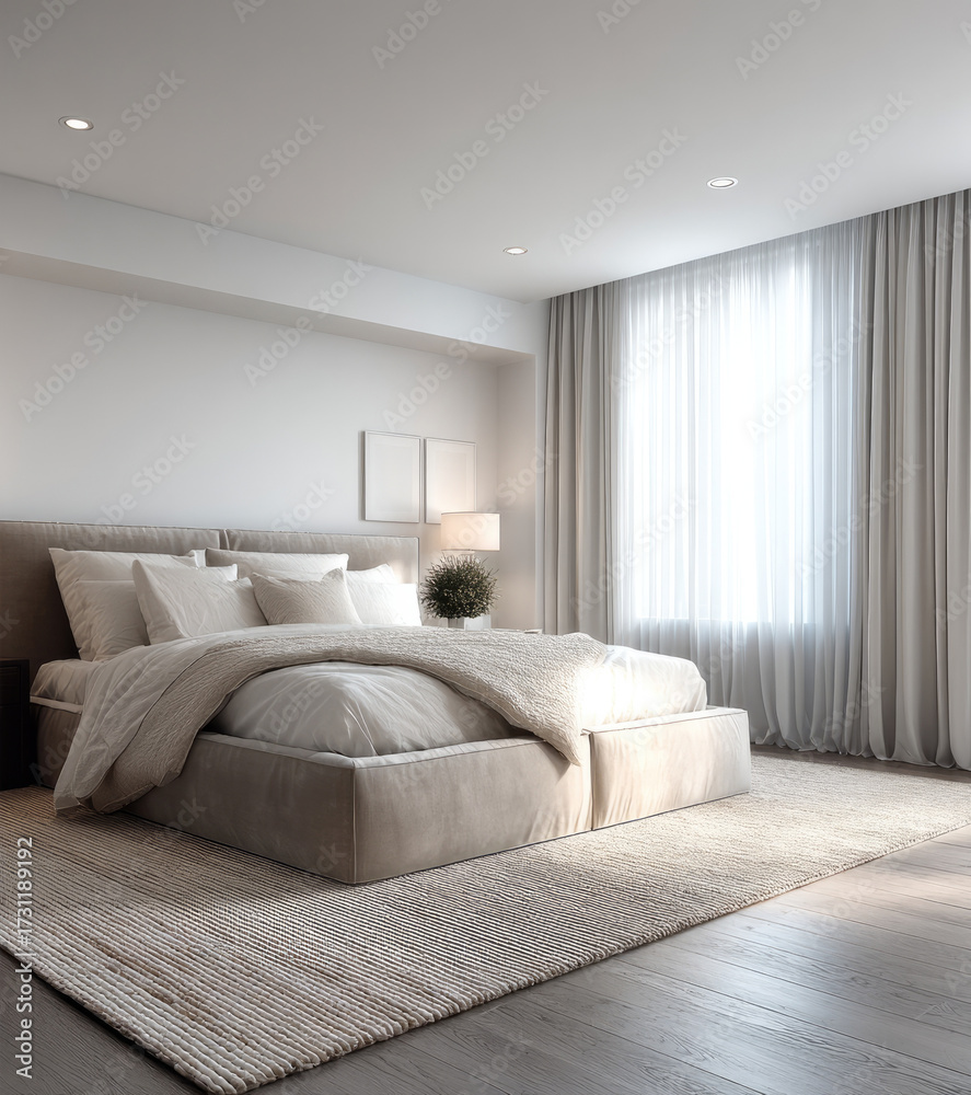 Fototapeta premium Modern white bedroom with large bed, soft bedding, cozy rug, natural light, and elegant curtains creates peaceful and inviting atmosphere