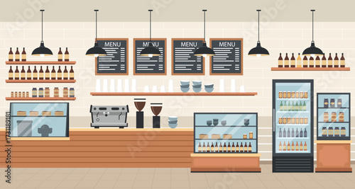 Coffee shop counter interior illustration in flat design