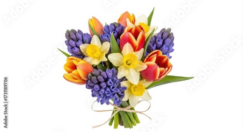 Vibrant Spring Bouquet: Artful Arrangement of Freshly Cut Flowers on White