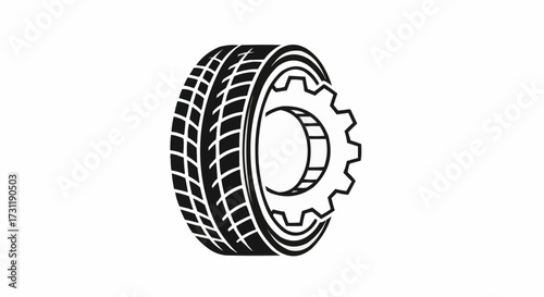 Dynamic tire and gear symbol for automotive innovation, representing mechanical engineering, vehicle maintenance, and transportation technology advancements