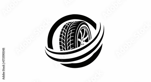Tire and Wheel with Dynamic Motion Lines Graphic for Automotive Industry, Vehicle Design, Transportation Solutions, and Tire Brands, Ideal for Logos