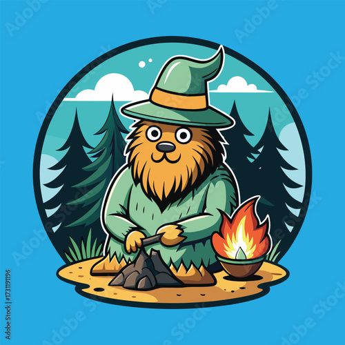 Sasquatch roasting marshmallows over a campfire svg