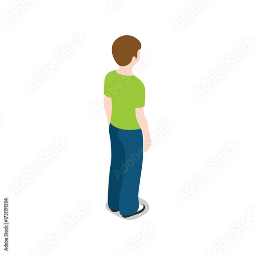 A young boy wearing a green tshirt and blue jeans, viewed from the back in an isometric perspective, isolated on a transparent background