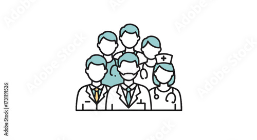 Medical doctor group stands together as a professional healthcare team, depicted in a clean and modern flat vector outline illustration, symbolizing collaborative medical service.