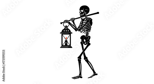 A black skeleton carries a lit lantern with a bar over its shoulders on a white background