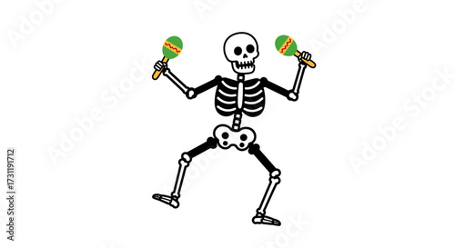 A cartoon skeleton plays maracas while dancing against a white background