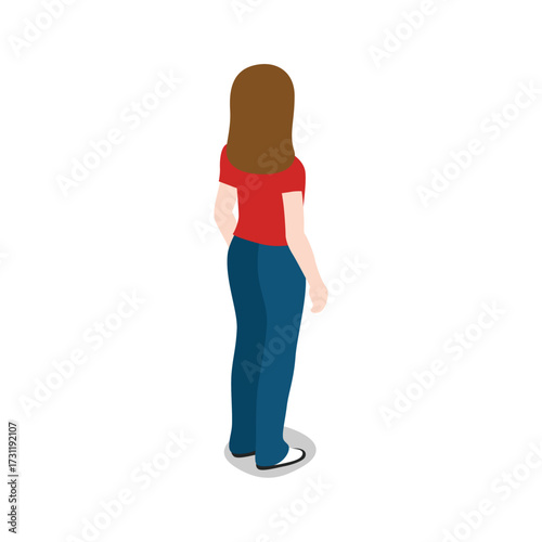Photography A young woman wearing a red tshirt and blue jeans, standing with her back to the