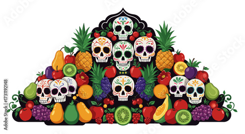 A colorful display of sugar skulls and fruits arranged in a pyramid shape