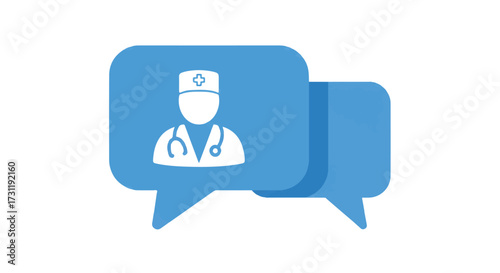 Flat vector icon illustrating a doctor inside a chat bubble, symbolizing modern telehealth services and isolated for clear digital use.