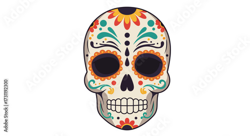 A decorated sugar skull with floral patterns empty eye sockets and a toothy grin