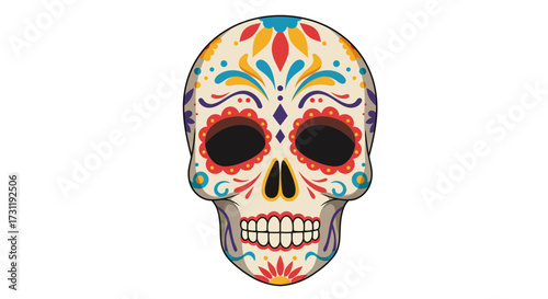 A decorative sugar skull with colorful floral  geometric designs against a white backdrop