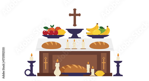 A detailed illustration shows an altar laden with fruit bread and candles beneath a crucifix evoking a sacred spiritual setting