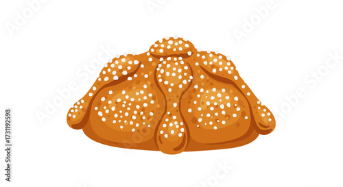 A frosted tancolored Day of the Dead bread featuring boneshaped decorations
