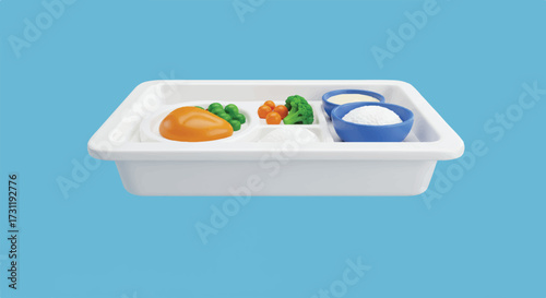 A vibrant stylized vector icon showcases a hospital food tray filled with a patient's basic meal, neatly arranged and isolated on a clean white background, perfect for healthcare communication.